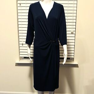 Charter Club Women's (2X) Faux-Wrap Navy Dress Surplice Neckline 3/4 Sleeve NWT!
